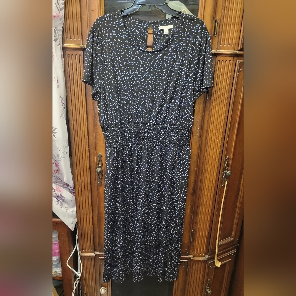 Cato XL Black Blue Polka Dot Smocked Elastic Waist Split Dress